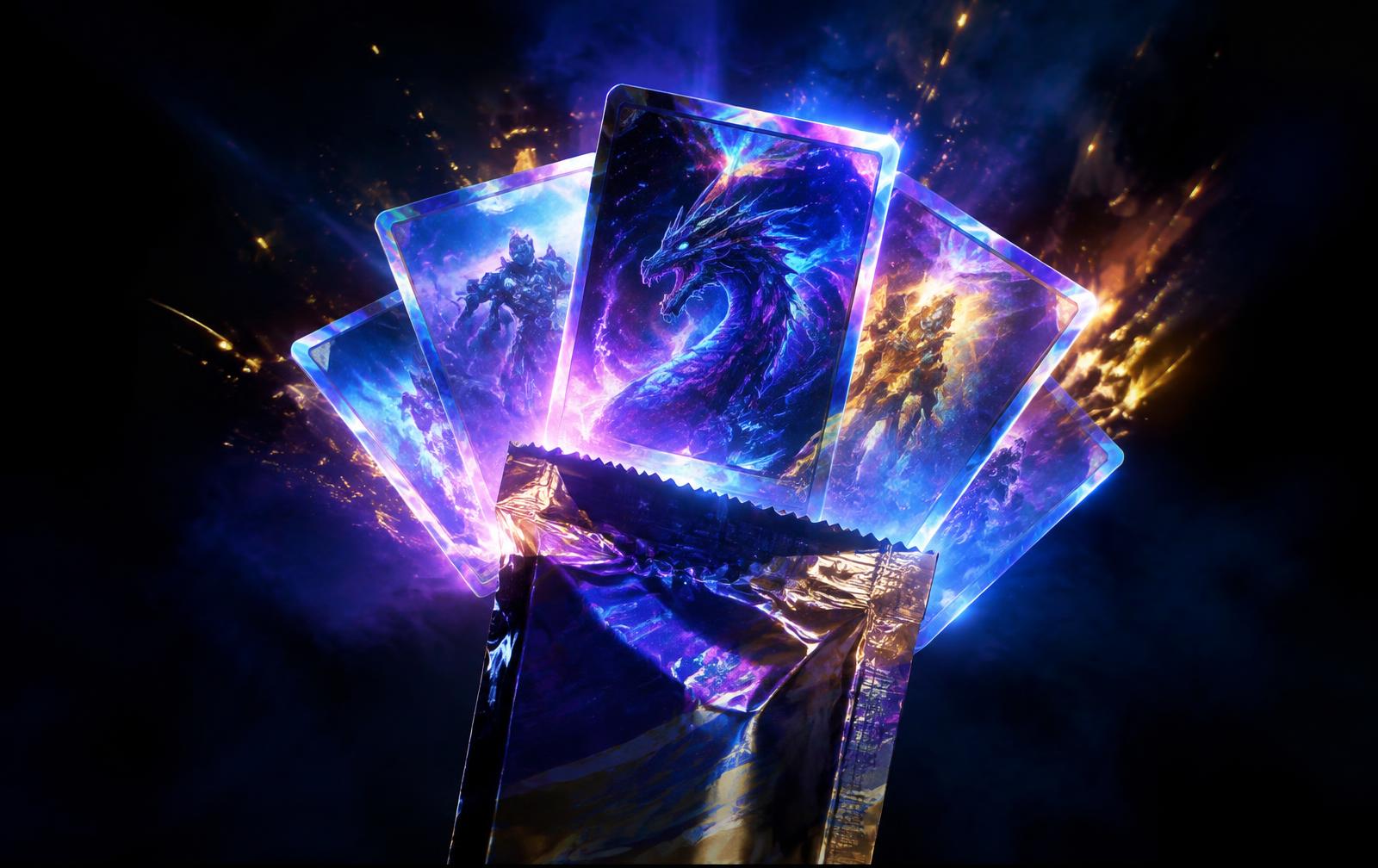 Cartas coleccionables saliendo de un sobre con luz violeta y azul